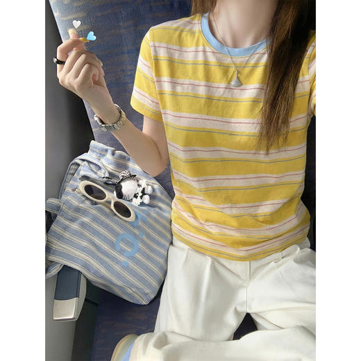 <曾小咸推荐>韩系撞色条纹t恤女短袖上衣【预售款，预计3-15天！！】 商品图1