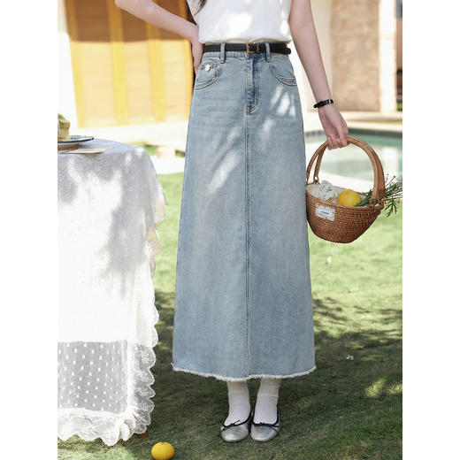 鹿向南「蓝涩微醺」复古牛仔蓝半身裙女夏季直筒高腰毛边A字裙子 商品图0