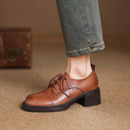 【预售5天】英伦风圆头高跟系带小皮鞋女款2026新款复古真皮厚底粗跟深口单鞋NGMZR&N72-39 商品图3