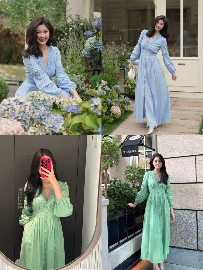 310-12 活色生香 渠道货 D*F 26新色茶歇裙 重工法式 前襟纽扣 对比棉连衣裙 藏肉显瘦