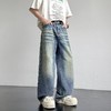 F031432复古港风潮牌情侣款弯刀宽松纯色拼接大口袋牛仔裤 商品缩略图0