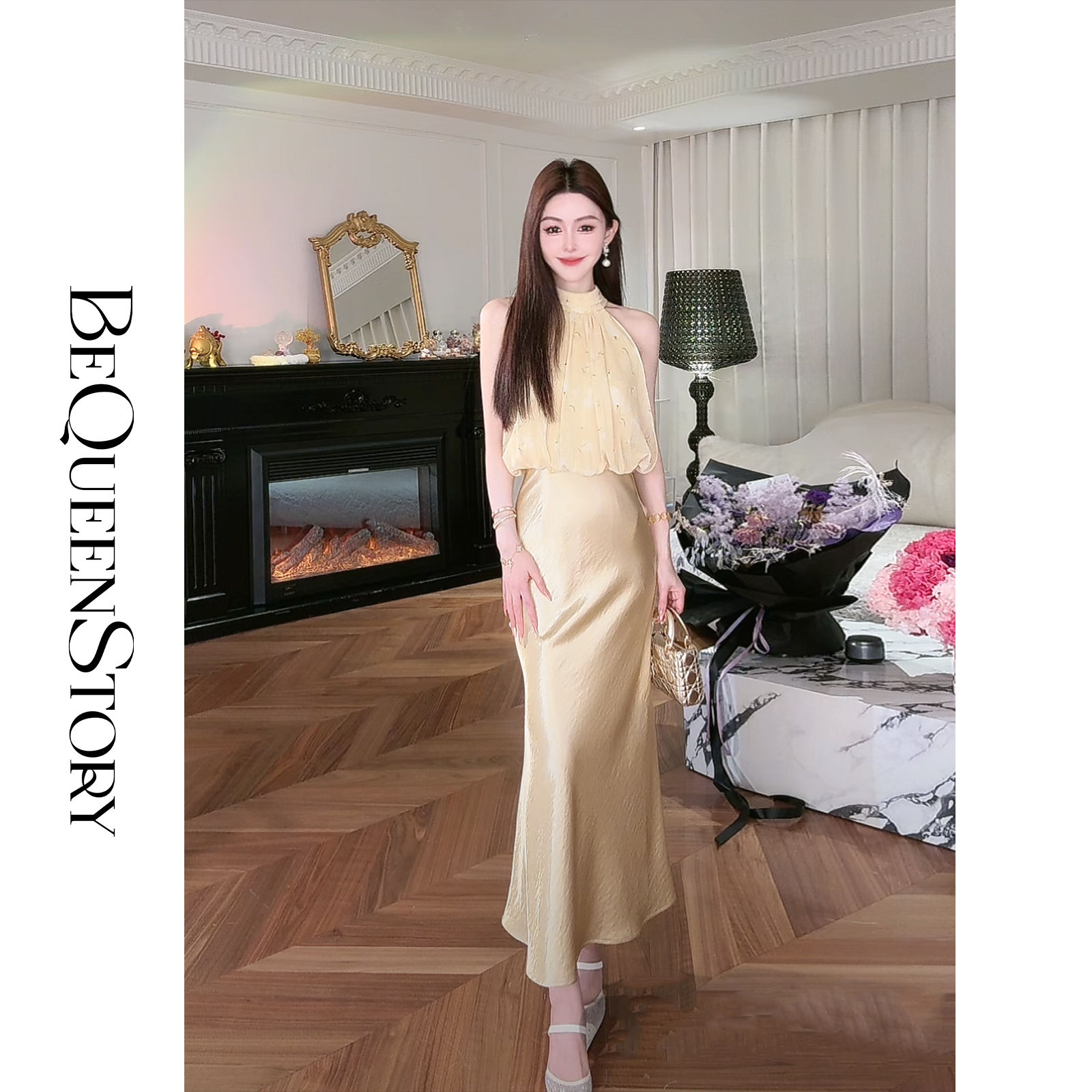 【大货捡漏，不退不换】  【夕阳缪斯】设计感花苞型挂脖立领可拆卸花鱼尾连衣裙成人