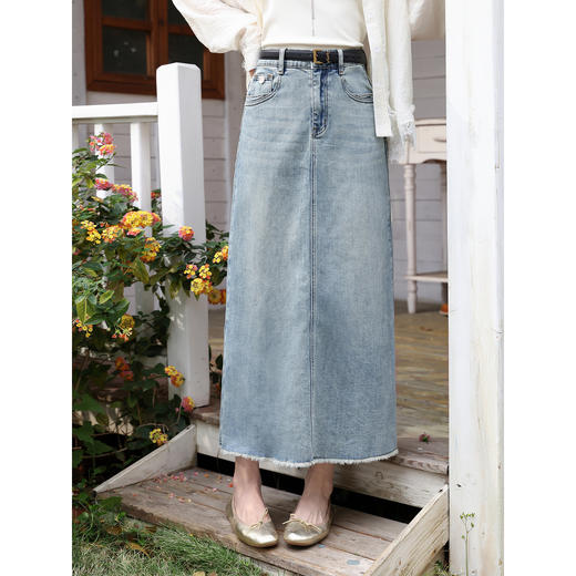 鹿向南「蓝涩微醺」复古牛仔蓝半身裙女夏季直筒高腰毛边A字裙子 商品图1