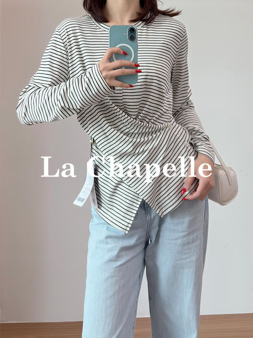 专柜实拍【高弹显瘦T恤】拉夏贝尔/La Chapelle圆领交叉下摆条纹长袖T恤不规则慵懒感百搭上衣 商品图7