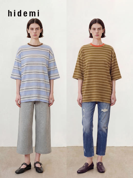 hidemi副线小h 撞色圆领条纹宽松休闲短袖T恤 商品图0