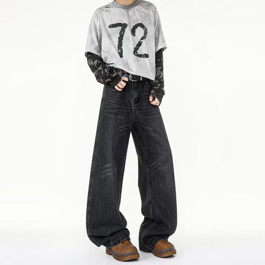 F031436新款复古两色重工立体裁剪水洗工装洗旧阔腿牛仔裤 商品图1