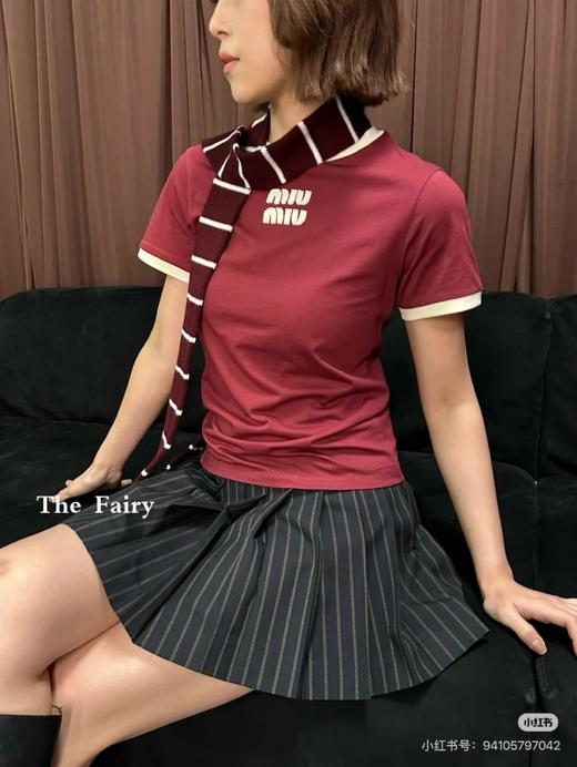 mi*u|谬系早春 26ss 酒红色撞色复古贴布徽标绣标纯棉刺绣基础短袖T恤 商品图1