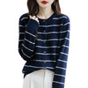 丁摩 100%纯羊毛春季新女式圆领条纹拼色宽松系扣打底针织开衫外套6ZF-299 商品缩略图4