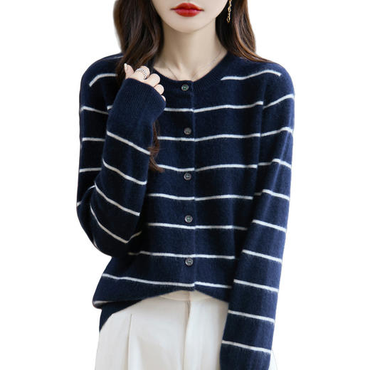 丁摩 100%纯羊毛春季新女式圆领条纹拼色宽松系扣打底针织开衫外套6ZF-299 商品图4