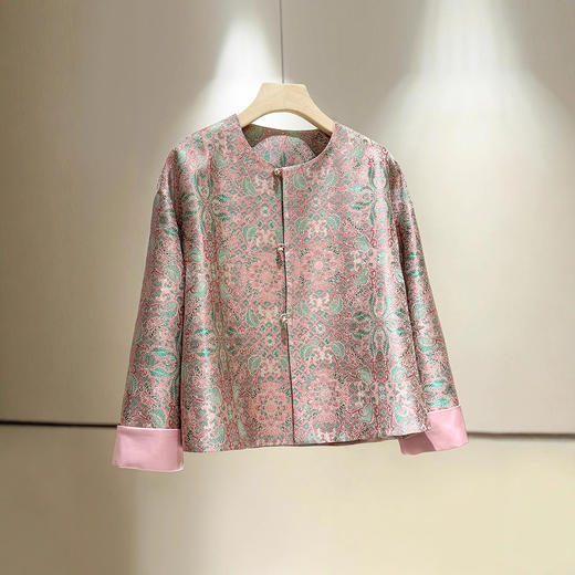 丁摩 新中式外套女仿真丝织锦缎春款圆领复古时尚宽松国风提花上衣6ZF-9636 商品图0