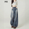 复古蓝阔腿牛仔裤 女潮流百搭舒适裤 新款设计感高腰垂感弯刀裤子 商品缩略图0