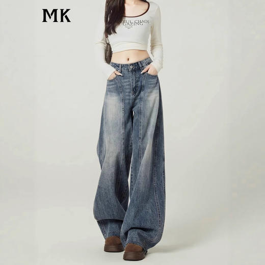 复古蓝阔腿牛仔裤 女潮流百搭舒适裤 新款设计感高腰垂感弯刀裤子 商品图0