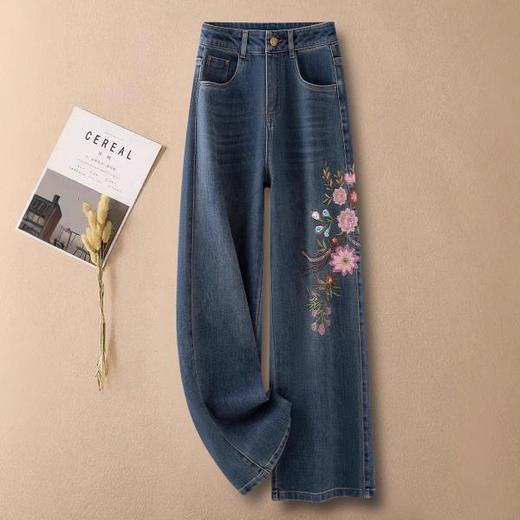 丁摩 深蓝色国风绣花洗水窄版阔腿牛仔裤女春秋新款高腰垂感直筒裤6ZF-1956 商品图0