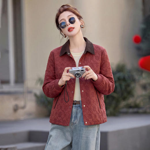 丁摩 时尚撞色翻领提花外套女春秋宽松洋气减龄上衣6ZF-9052 商品图8