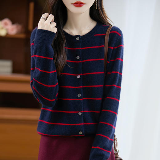 丁摩 100%纯羊毛春季新女式圆领条纹拼色宽松系扣打底针织开衫外套6ZF-299 商品图2