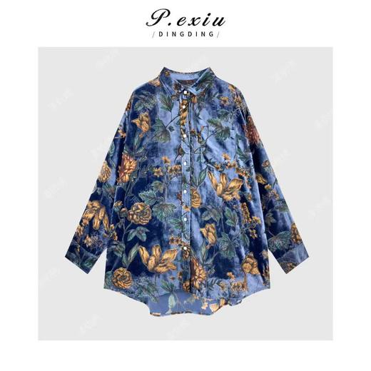 PanYiXiu/潘依绣人丝气质高级植绒光泽感印花长袖翻领衬衫W-63552 商品图1