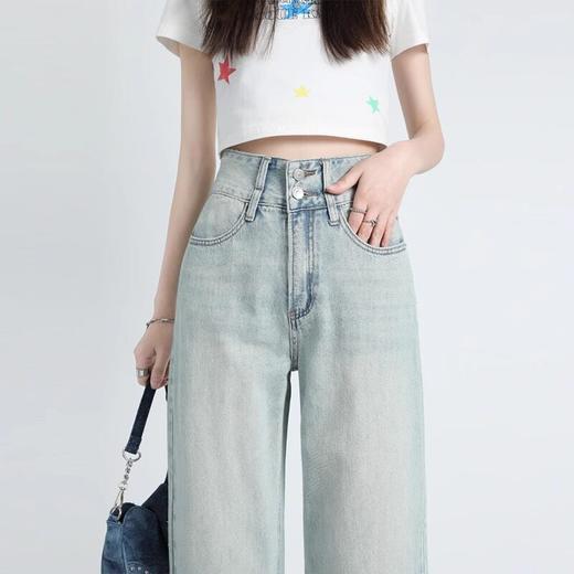 新款浅色高腰阔腿牛仔裤 女2026潮流百搭显瘦宽松设计感直筒裤 百搭设计款浅色裤 商品图3