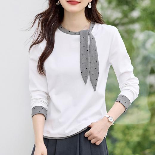 百媚生 棉质正肩圆领丝巾系带长袖T恤XS82610073 商品图2