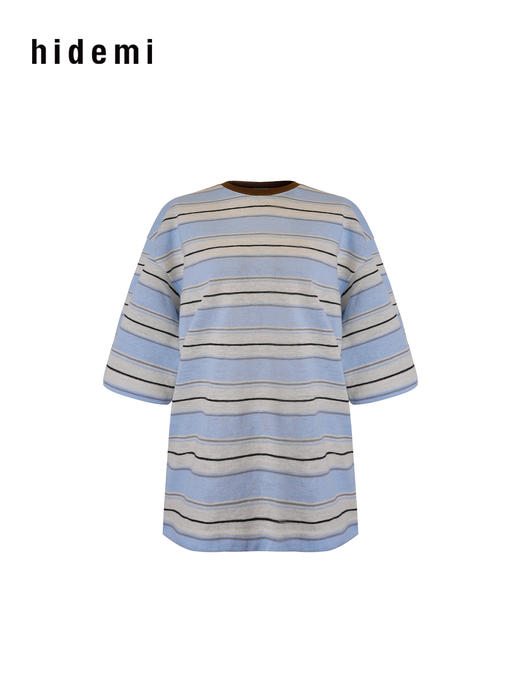 hidemi副线小h 撞色圆领条纹宽松休闲短袖T恤 商品图7