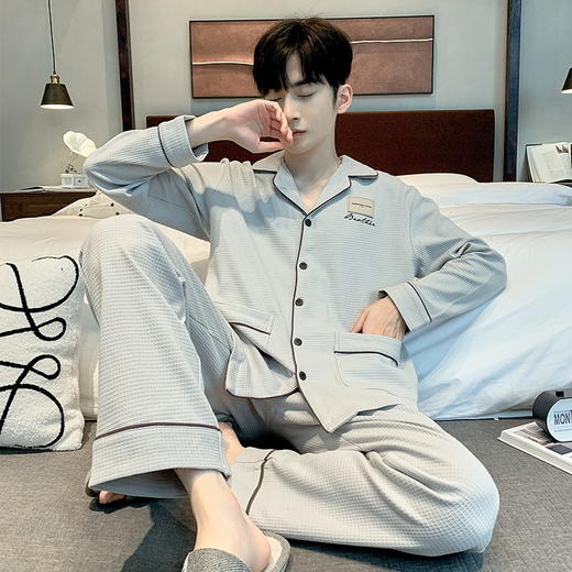 雀说 华夫格睡衣男士春秋款开衫家居服套装 商品图1