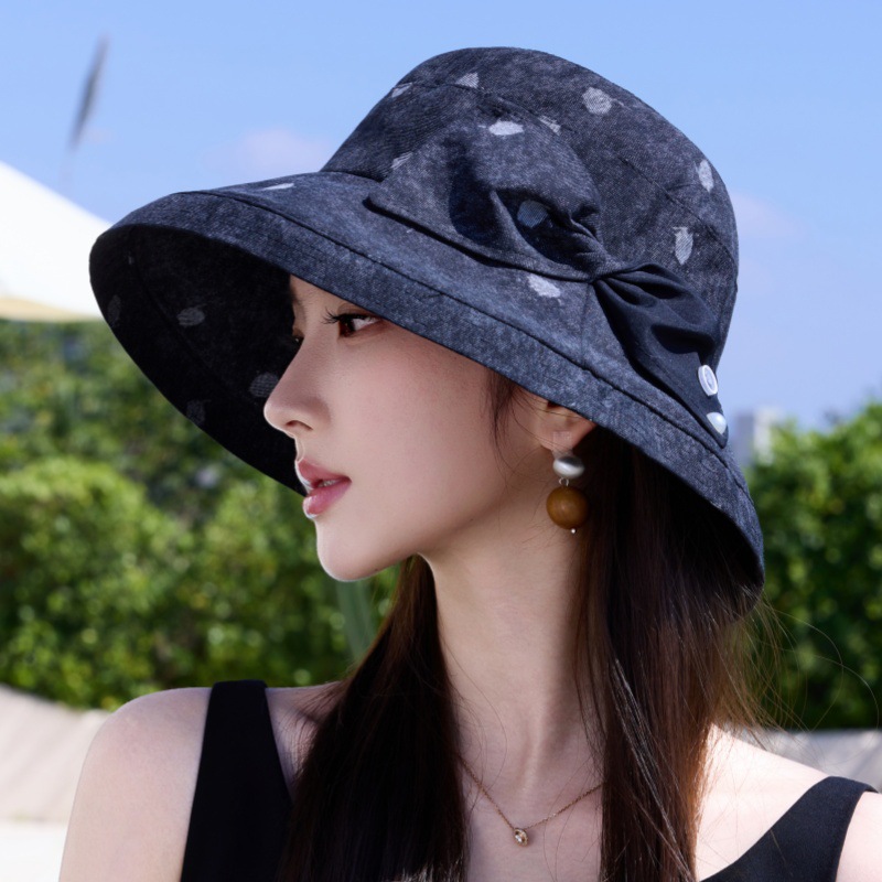 雀说 清新波点蝴蝶结渔夫帽女春夏防晒遮阳帽A-1