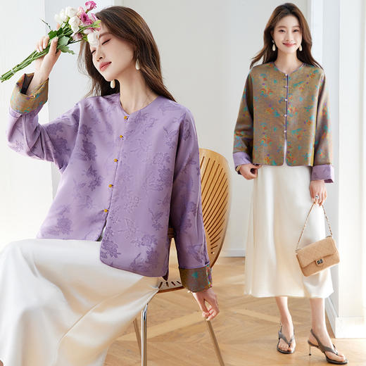 百媚生 轻奢织金提花外套新中式国风复古上衣66108 商品图0