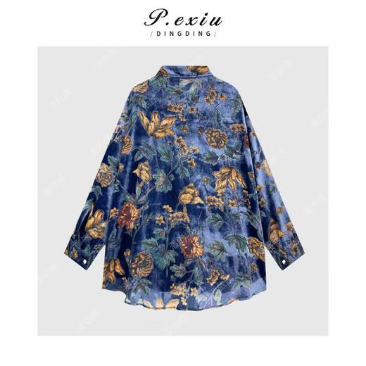 PanYiXiu/潘依绣人丝气质高级植绒光泽感印花长袖翻领衬衫W-63552 商品图2