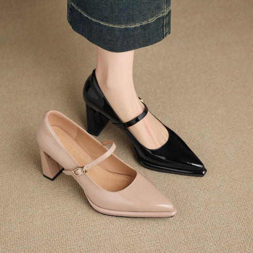 【预售5天】漆皮尖头粗跟单鞋女一字扣带高跟鞋防水台浅口职业鞋时尚款小皮鞋NWS1&N9879 商品图1