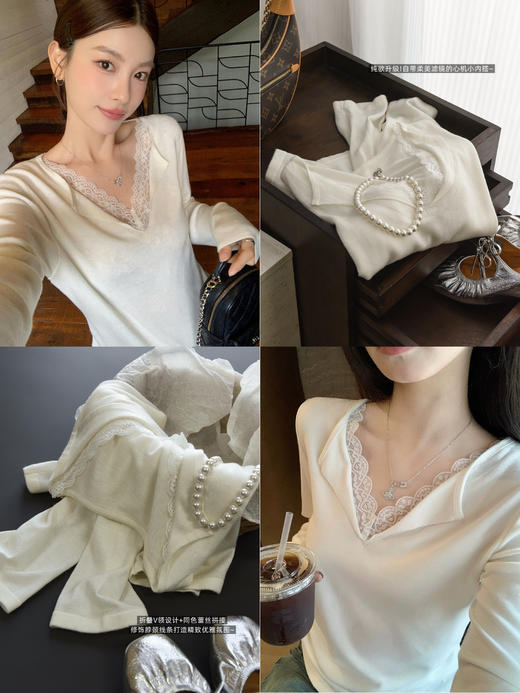 纯欲自带柔美拼蕾丝100%超细美利奴羊毛假两件针织衫 商品图2