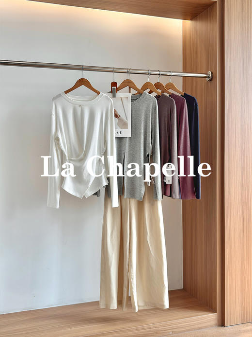 专柜实拍【舒适有型】拉夏贝尔/La Chapelle五色净版圆领贝壳扣下摆交叉通勤设计长袖T显瘦打底衫 商品图0