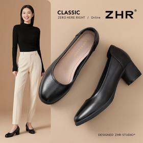 ZHR则则头层牛皮真皮浅口粗跟高跟单鞋女2025新款通勤小皮鞋女鞋