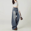 复古蓝阔腿牛仔裤 女潮流百搭舒适裤 新款设计感高腰垂感弯刀裤子 商品缩略图3