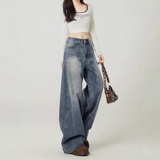 复古蓝阔腿牛仔裤 女潮流百搭舒适裤 新款设计感高腰垂感弯刀裤子 商品图3