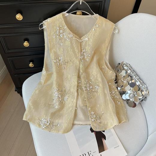 新国风中式马甲背心 薄款网纱复古重工刺绣钉珠坎肩马夹 外穿女夏 商品图0