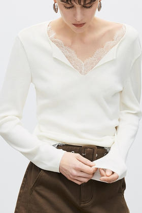 纯欲自带柔美拼蕾丝100%超细美利奴羊毛假两件针织衫