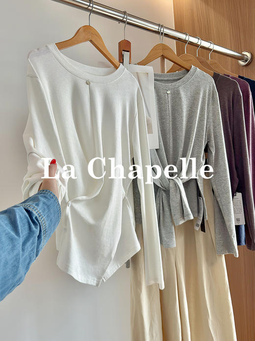 专柜实拍【舒适有型】拉夏贝尔/La Chapelle五色净版圆领贝壳扣下摆交叉通勤设计长袖T显瘦打底衫 商品图2