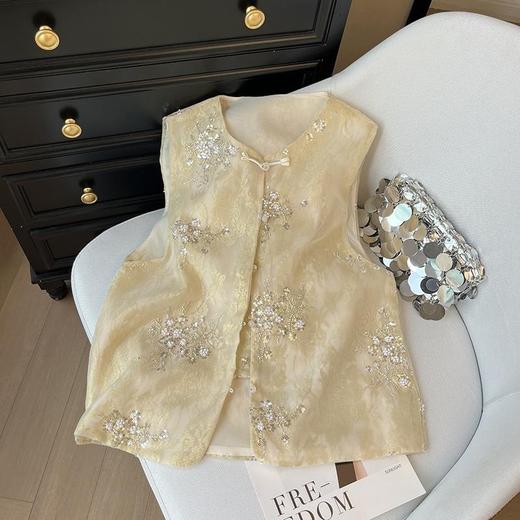 新国风中式马甲背心 薄款网纱复古重工刺绣钉珠坎肩马夹 外穿女夏 商品图1