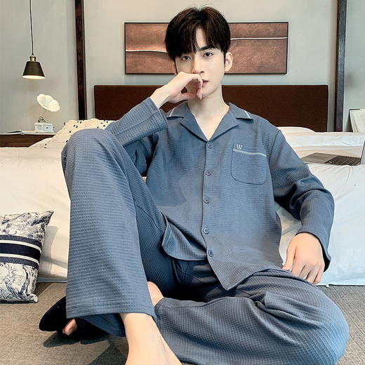 雀说 华夫格睡衣男士春秋款开衫家居服套装 商品图0