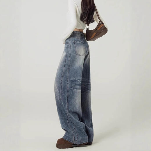 复古蓝阔腿牛仔裤 女潮流百搭舒适裤 新款设计感高腰垂感弯刀裤子 商品图4