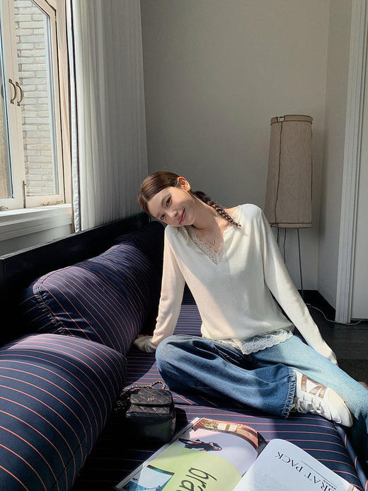 纯欲自带柔美拼蕾丝100%超细美利奴羊毛假两件针织衫 商品图4