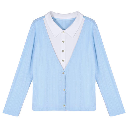 百媚生 假两件翻领蓝色毛衣女士针织衫XS82610081 商品图4