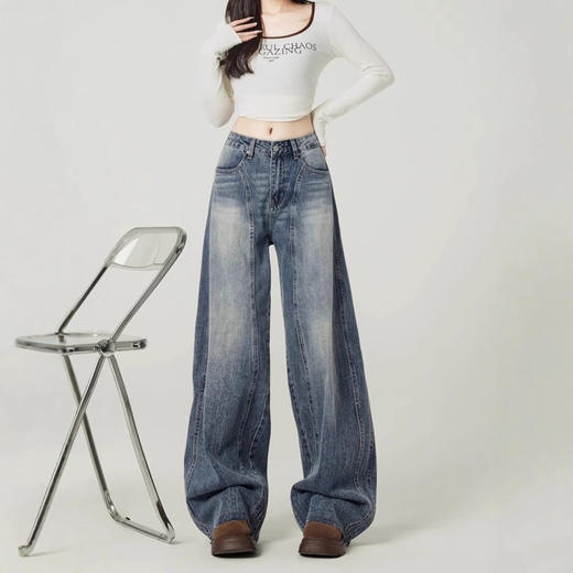 复古蓝阔腿牛仔裤 女潮流百搭舒适裤 新款设计感高腰垂感弯刀裤子 商品图2