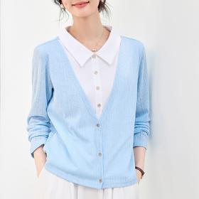 百媚生 假两件翻领蓝色毛衣女士针织衫XS82610081