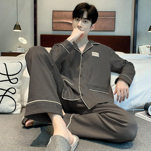 雀说 华夫格睡衣男士春秋款开衫家居服套装 商品图2