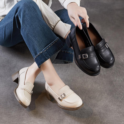 雀说 头层牛皮厚底粗跟乐福单鞋ZM269076 商品图0