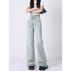 新款浅色高腰阔腿牛仔裤 女2026潮流百搭显瘦宽松设计感直筒裤 百搭设计款浅色裤