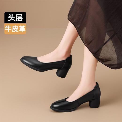 ZHR则则头层牛皮真皮浅口粗跟高跟单鞋女2025新款通勤小皮鞋女鞋 商品图4