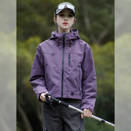 百媚生 户外女休闲冲锋衣运动紫色连帽登山服短款外套2689 商品图3