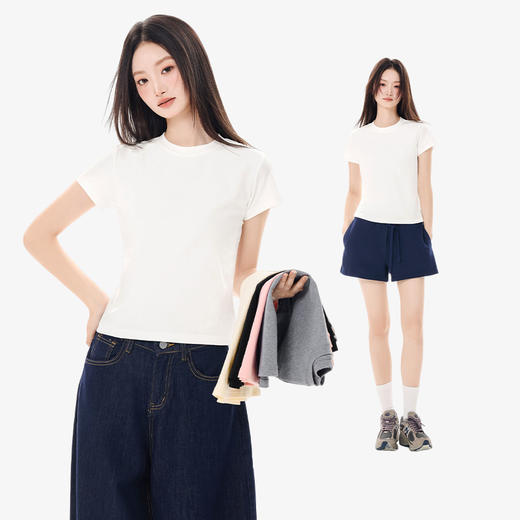【59元2件】新款正肩修身短袖T恤 休闲显瘦圆领短款上衣 商品图2