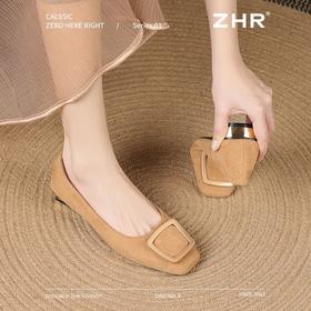 ZHR绒面浅口单线女软底方头奶奶2025新款一脚蹬法式气质豆豆单鞋